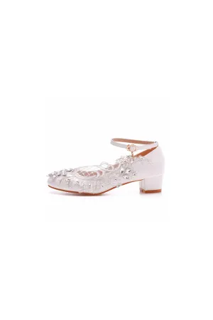 Round Toe Lace Rhinestones Ankle Strap Chunky Heel Wedding Shoes