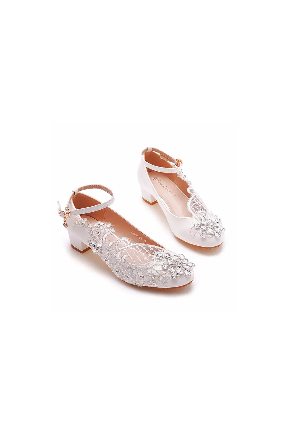 Round Toe Lace Rhinestones Ankle Strap Chunky Heel Wedding Shoes