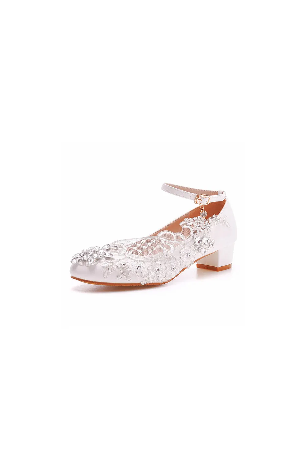 Round Toe Lace Rhinestones Ankle Strap Chunky Heel Wedding Shoes