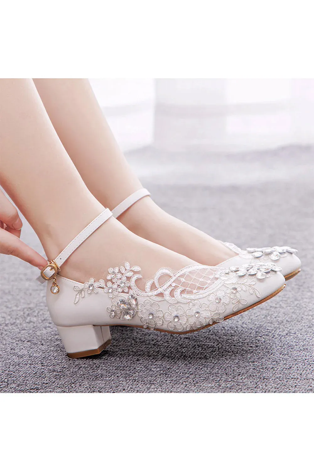 Round Toe Lace Rhinestones Ankle Strap Chunky Heel Wedding Shoes