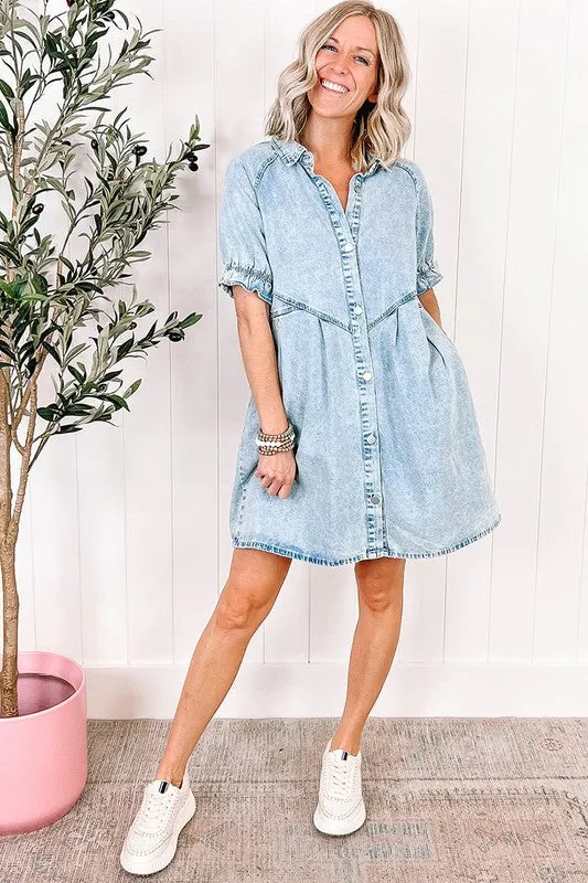 Ruffled Short Sleeve Buttoned Denim Dress