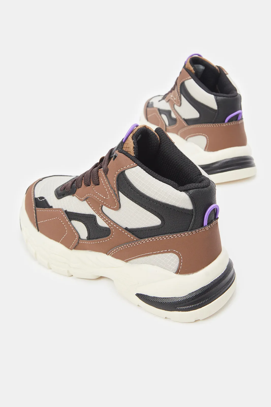 Senior Boys Brown And Beige Material Block Chunky Trainer