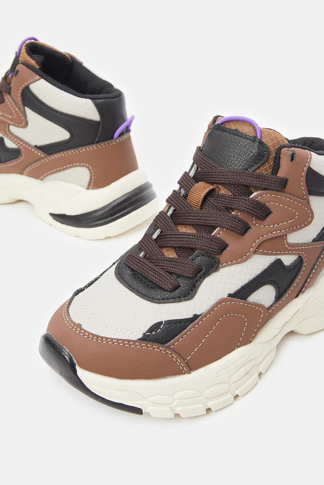 Senior Boys Brown And Beige Material Block Chunky Trainer