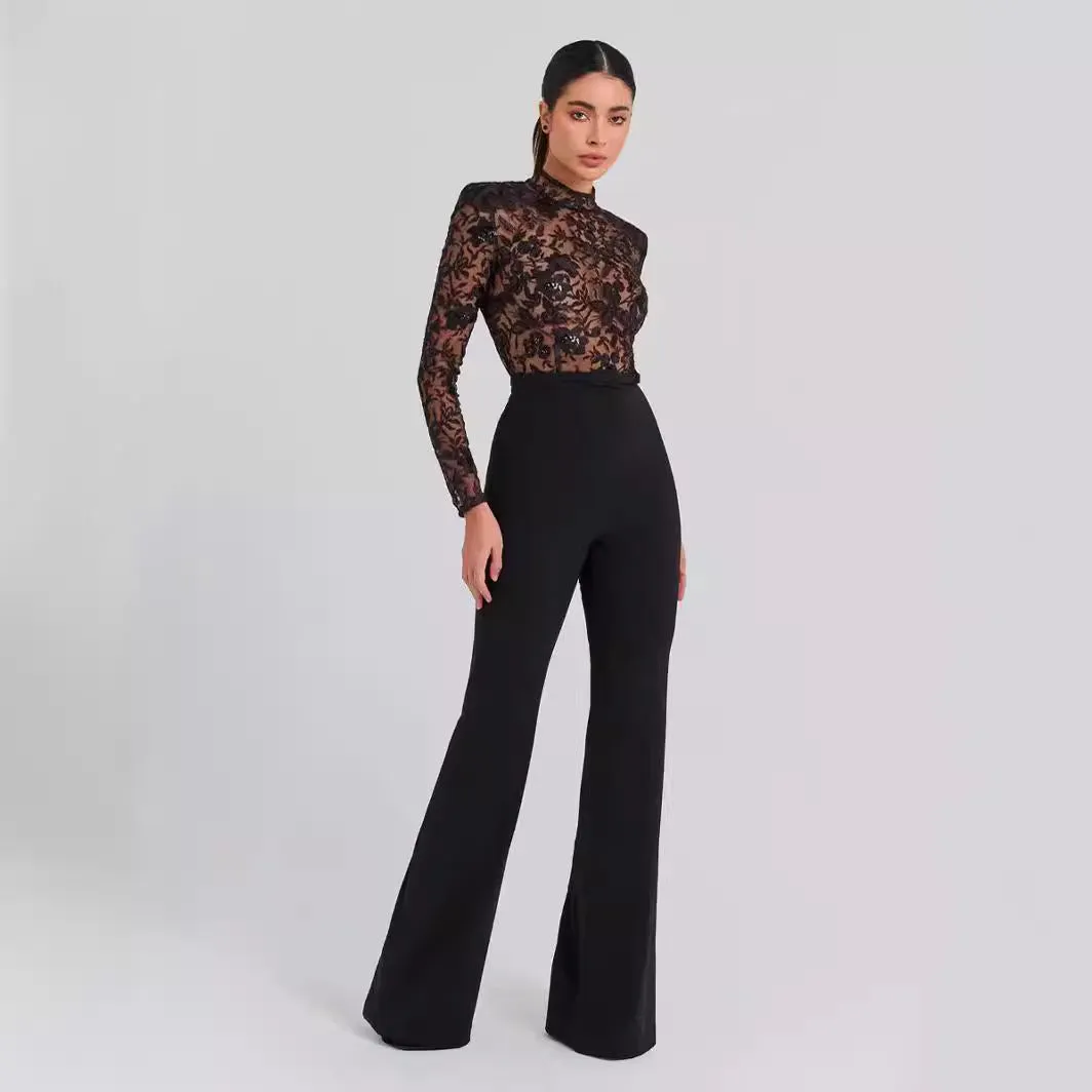 Sheer Bandage Long-sleeved Jumpsuit