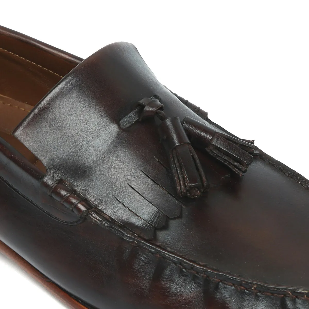 Tassel-Fringes Loafers in Dark Brown Leather with Leather Sole