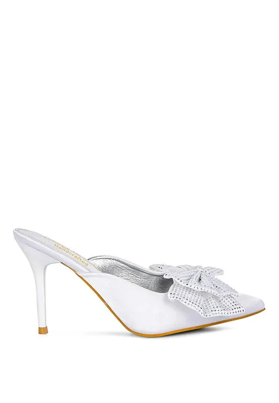 White Diamante Bow Heeled Mules