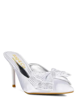 White Diamante Bow Heeled Mules