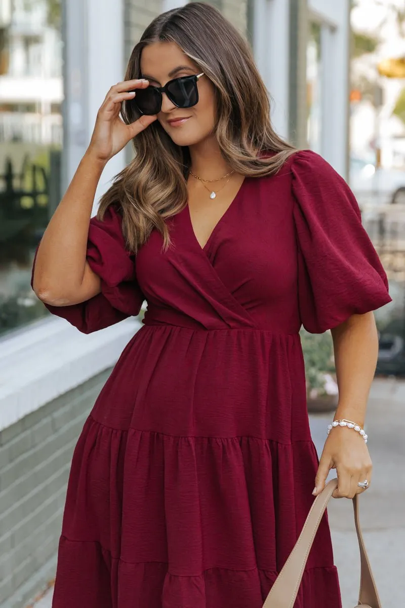 Wine Tiered Midi Wrap Dress - FINAL SALE