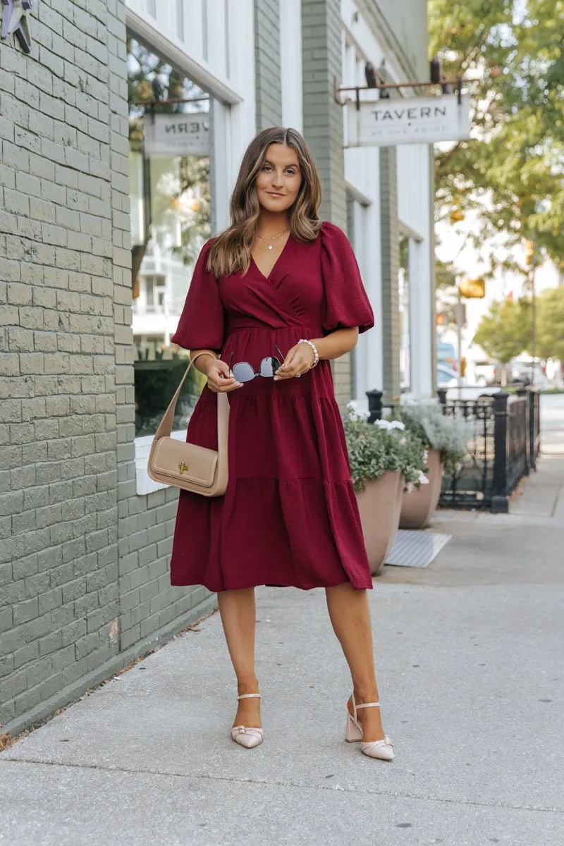 Wine Tiered Midi Wrap Dress - FINAL SALE