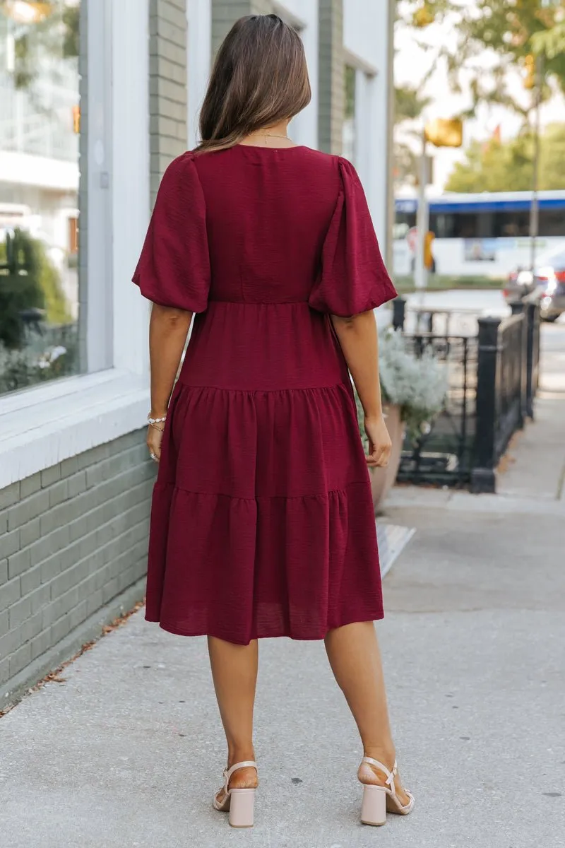 Wine Tiered Midi Wrap Dress - FINAL SALE