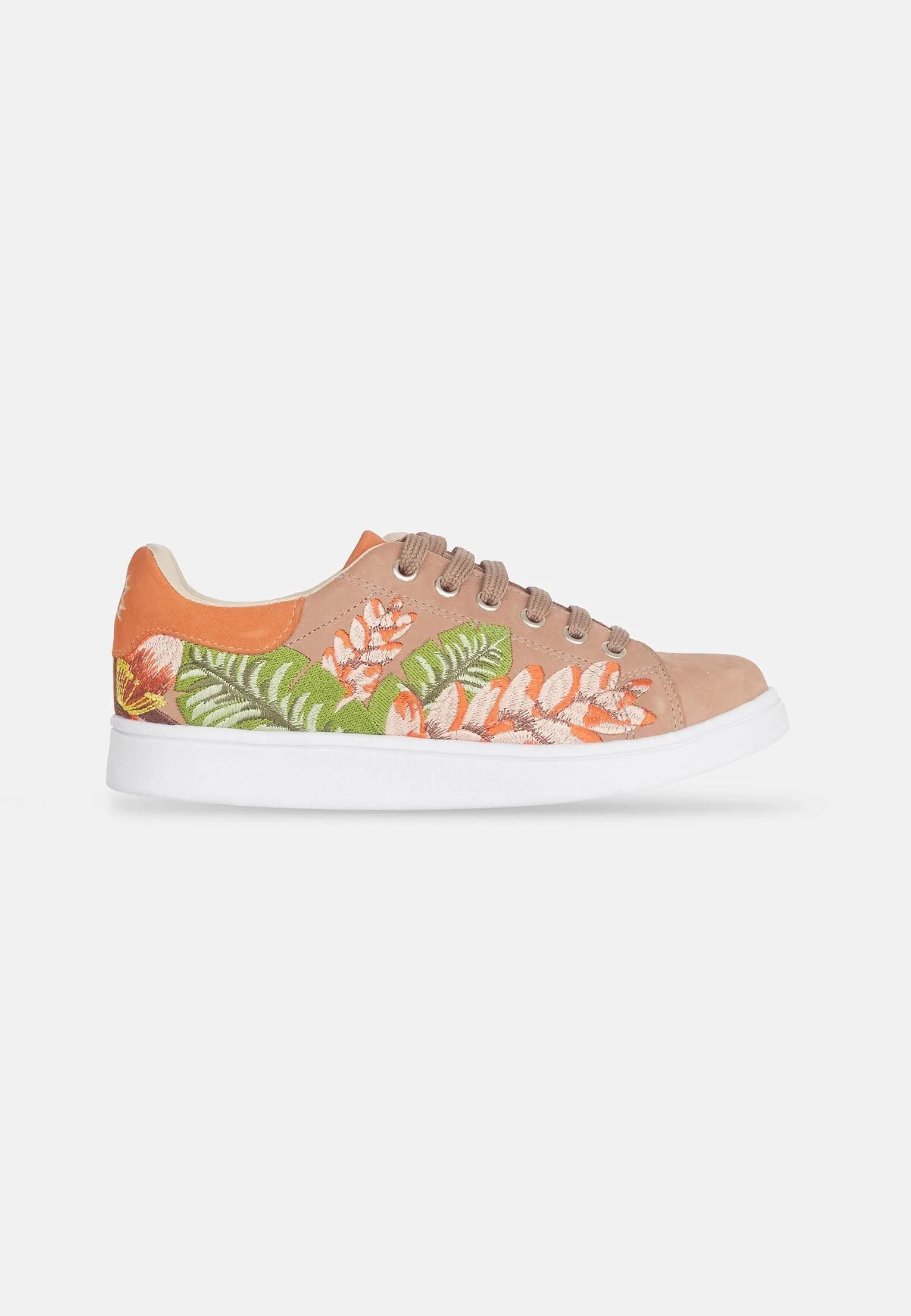 Women's Brown Suede Floral Embroidered Sneakers