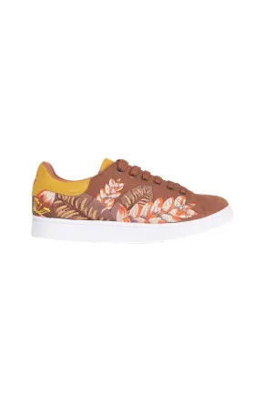 Women's Brown Suede Floral Embroidered Sneakers