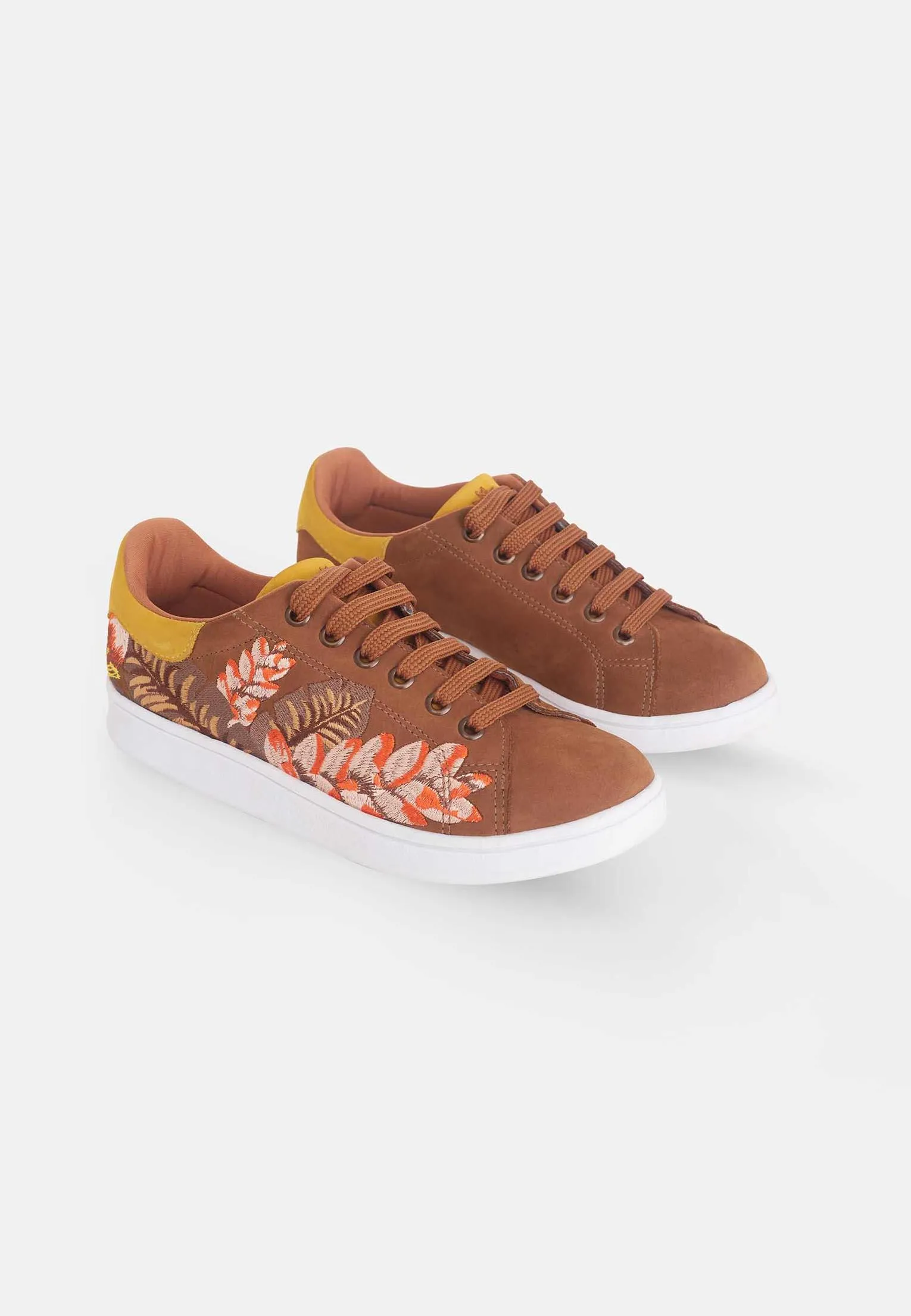 Women's Brown Suede Floral Embroidered Sneakers