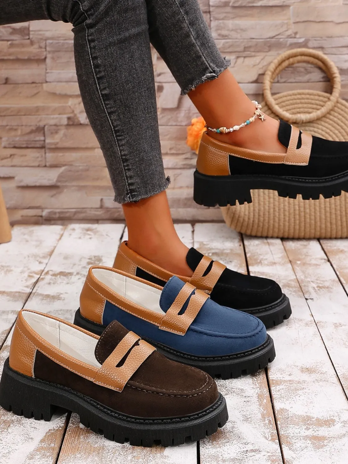 Women's Contrast Suede Platform Loafers