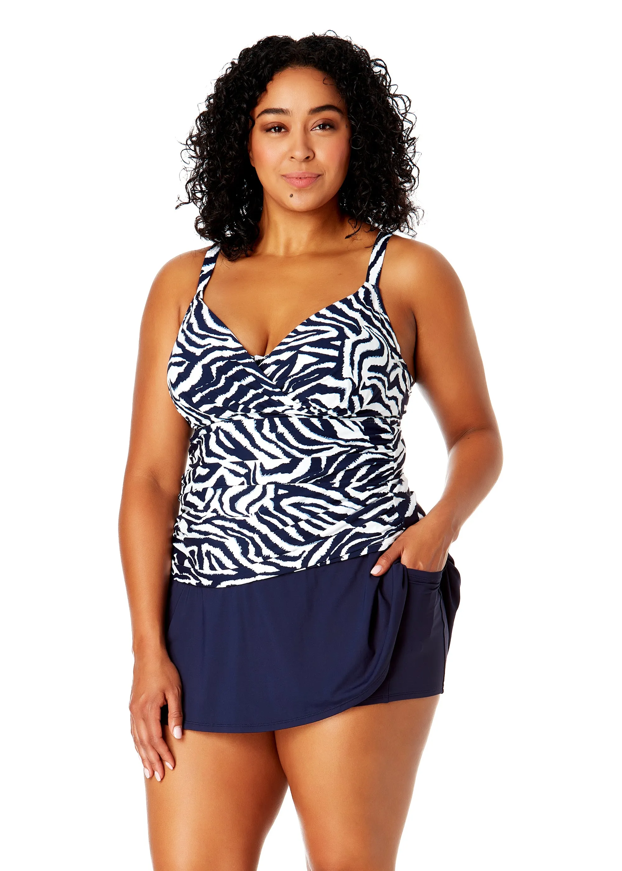 Women's Plus Size Zebra Shadow Floral Twist Front Underwire Tankini Swim Top